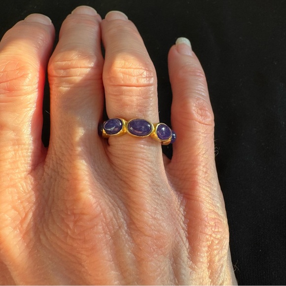 Gold Vermeil Lapis Lazuli Eternity Band Ring Blue Cabochon Stack Ring - Picture 4 of 4